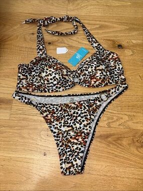 Cupshe Leopard Print Halter Bikini — White, Black, Brown